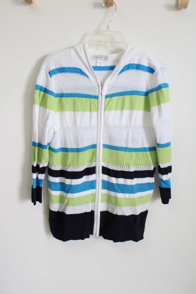Christopher Banks White Blue Green Lightweight Knit Zip Up Sweater M Christopher Banks Rings Christopher Banks White Blue Green Lightweight Knit Zip Up Sweater M Christopher Banks Rings