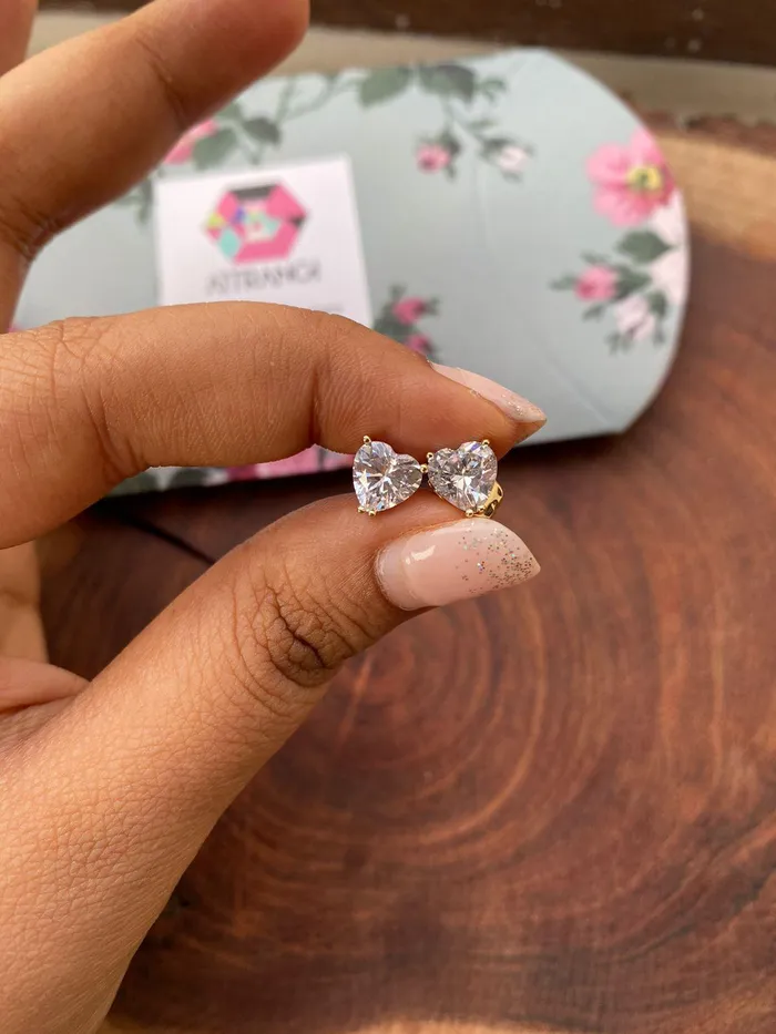 attrangi Earrings 1 Carat Heart Shaped Solitaires in Gold Polish