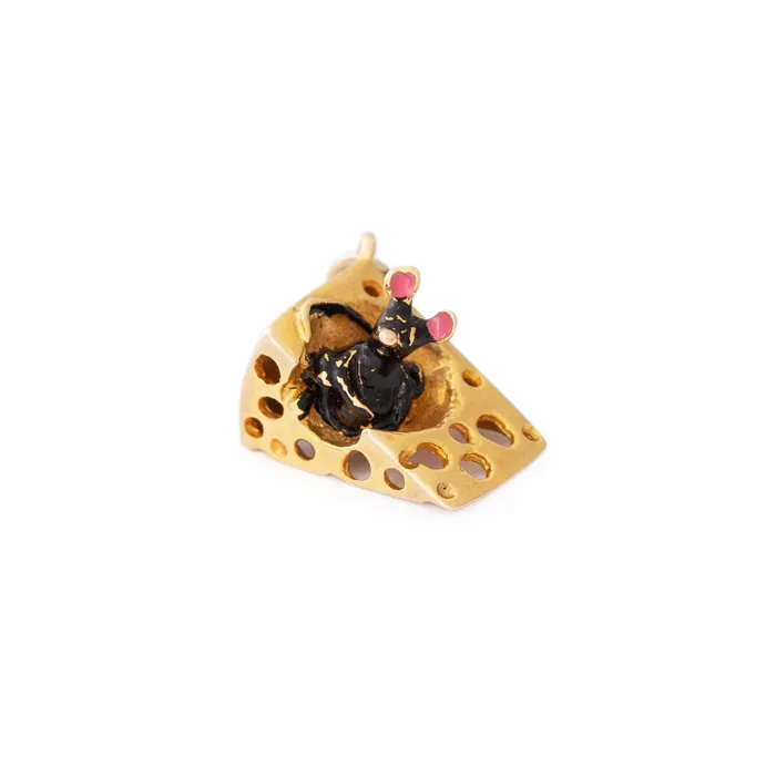 Earrings Vintage English Mouse and Cheese 9k Gold and Enamel Charm