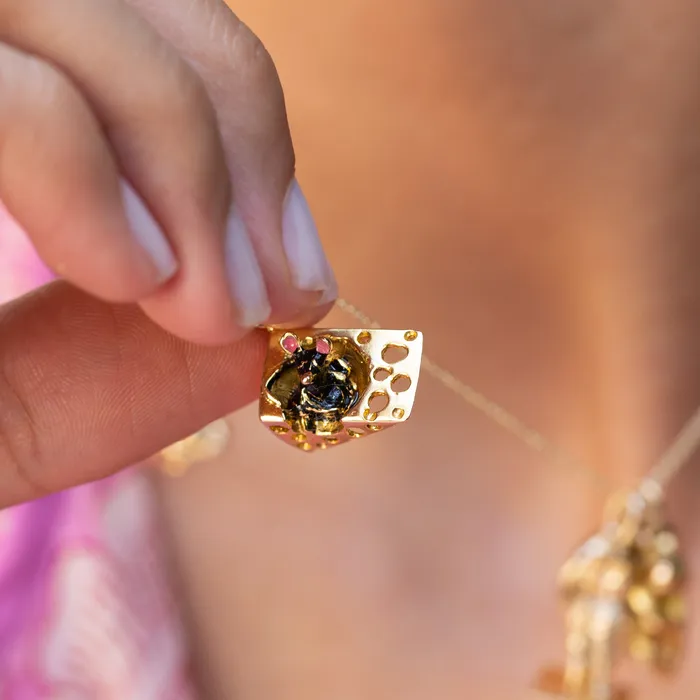 Earrings Vintage English Mouse and Cheese 9k Gold and Enamel Charm