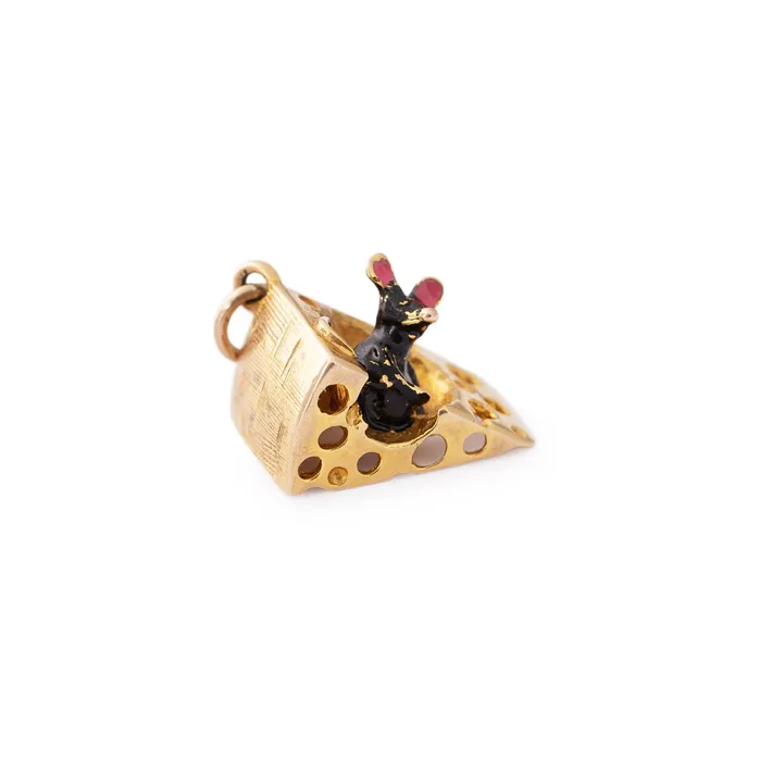 Earrings Vintage English Mouse and Cheese 9k Gold and Enamel Charm