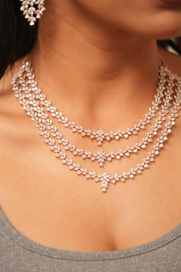 Necklaces Attrangi Isabella Three Layer Diamond Necklace Set Necklaces Attrangi Isabella Three Layer Diamond Necklace Set