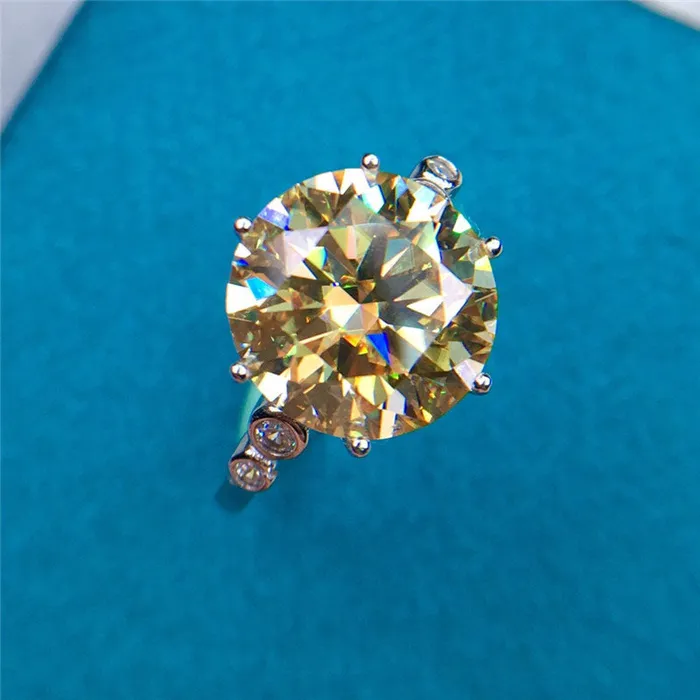 Rings Leyloon Jewelry 5 Carat Round Moissanite Ring 6 Prong Reverse Tapered Scalloped Shank VVS Vivid Yellow