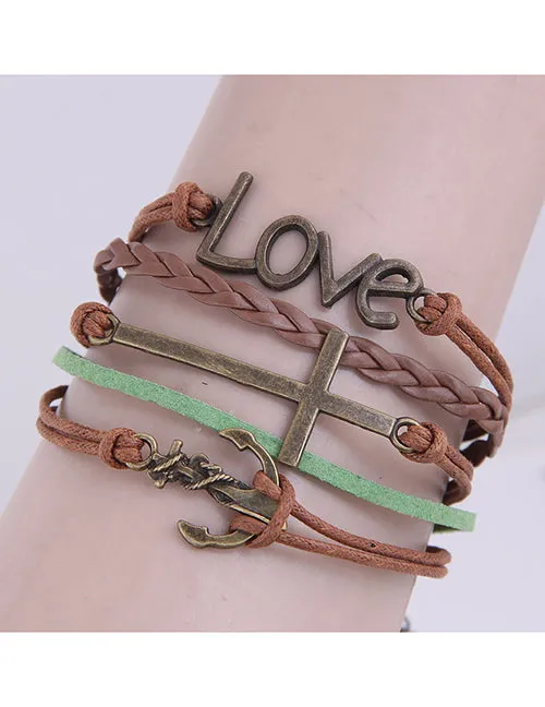 02 Bracelets B605 Brown Green Cross Anchor Layered Bracelet