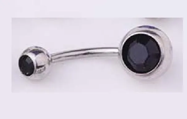 02 Rings P12 Silver Double Ball Black Gemstone Belly Button Ring