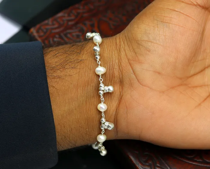 75 inches 925 sterling silver handmade customized beaded bracelet awesome natural pearl unisex bracelet gifting jewelry for girls nsbr188 TRIBAL ORNAMENTS Bracelets