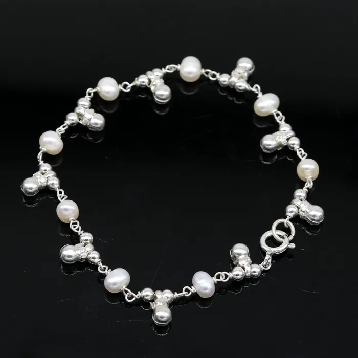 75 inches 925 sterling silver handmade customized beaded bracelet awesome natural pearl unisex bracelet gifting jewelry for girls nsbr188 TRIBAL ORNAMENTS Bracelets