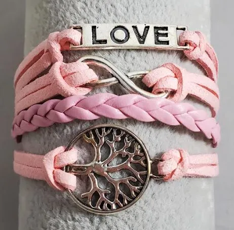 alice Bracelets AZ1177 Light Pink Love Tree Infinity Layer Leather Bracelet