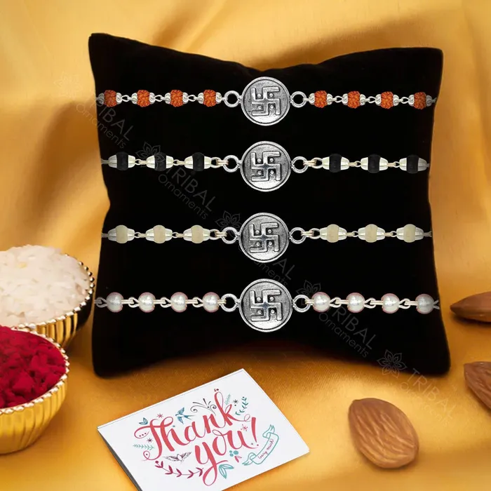 Amazing stylish delicate charm rakhi 925 sterling silver Rakhi bracelet in rudrakshblack basilwhite basil and silver beaded chain rk287 TRIBAL ORNAMENTS Bracelets Amazing stylish delicate charm rakhi 925 sterling silver Rakhi bracelet in rudrakshblack basilwhite basil and silver beaded chain rk287 TRIBAL ORNAMENTS Bracelets