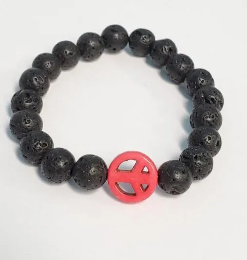 B467 Black Lava Stone Coral Pink Peace Sign Bead Bracelet polly Bracelets