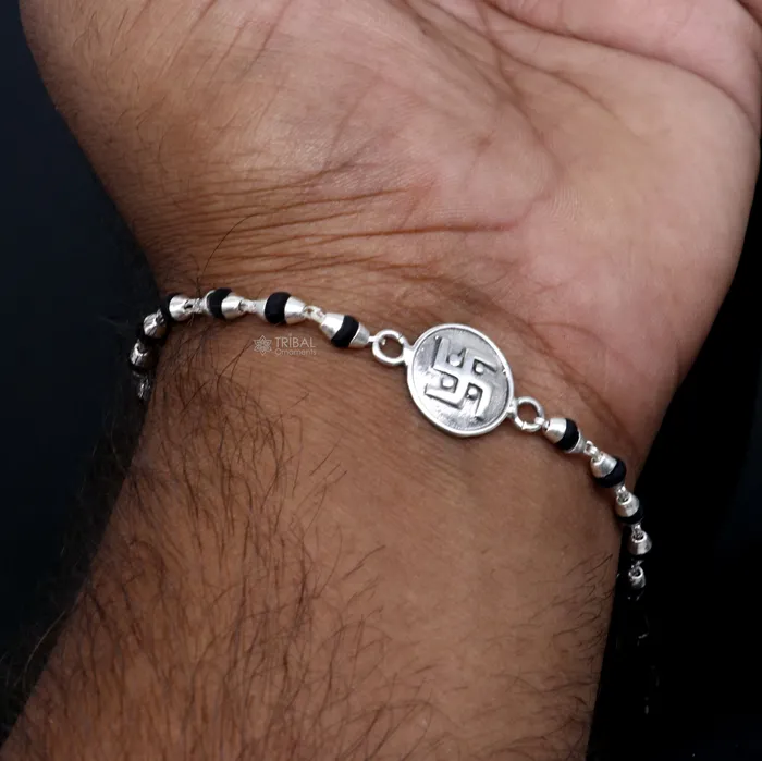 Bracelets 925 sterling silver handmad Swashtik design holy basil rosary beads Rakhi bracelet black Tulsi beaded bracelet rk400 TRIBAL ORNAMENTS Bracelets 925 sterling silver handmad Swashtik design holy basil rosary beads Rakhi bracelet black Tulsi beaded bracelet rk400 TRIBAL ORNAMENTS