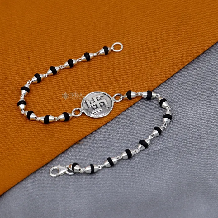 Bracelets 925 sterling silver handmad Swashtik design holy basil rosary beads Rakhi bracelet black Tulsi beaded bracelet rk400 TRIBAL ORNAMENTS