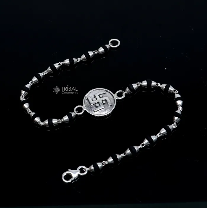 Bracelets 925 sterling silver handmad Swashtik design holy basil rosary beads Rakhi bracelet black Tulsi beaded bracelet rk400 TRIBAL ORNAMENTS