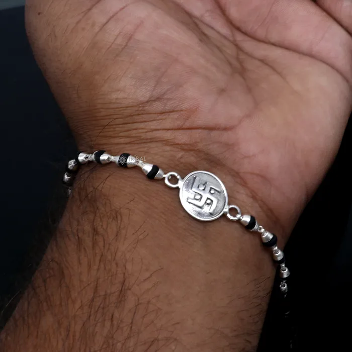 Bracelets 925 sterling silver handmad Swashtik design holy basil rosary beads Rakhi bracelet black Tulsi beaded bracelet rk400 TRIBAL ORNAMENTS