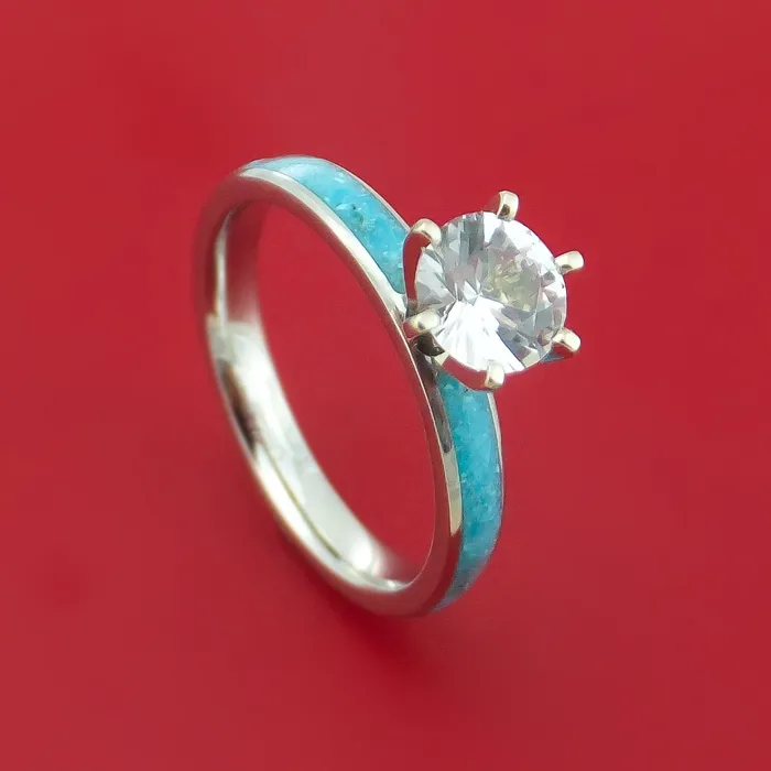 Cobalt Chrome Ring with Turquoise Inlay and White Sapphire Custom Made Band Lashbrook Rings Cobalt Chrome Ring with Turquoise Inlay and White Sapphire Custom Made Band Lashbrook Rings