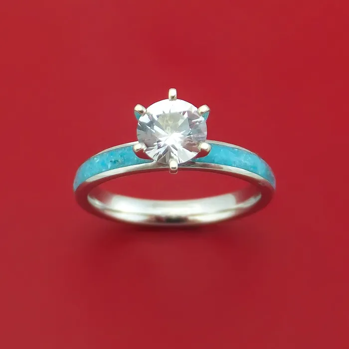 Cobalt Chrome Ring with Turquoise Inlay and White Sapphire Custom Made Band Lashbrook Rings Cobalt Chrome Ring with Turquoise Inlay and White Sapphire Custom Made Band Lashbrook Rings