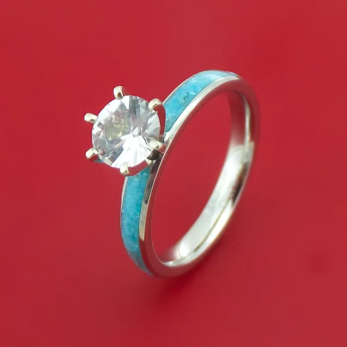 Cobalt Chrome Ring with Turquoise Inlay and White Sapphire Custom Made Band Lashbrook Rings Cobalt Chrome Ring with Turquoise Inlay and White Sapphire Custom Made Band Lashbrook Rings