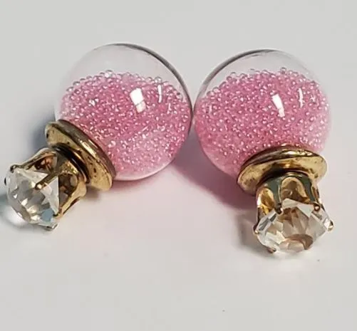 E1058 Gold Rhinestone Light Pink Bead Filled Ball Earrings Susan Earrings