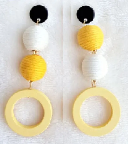 Earrings 01 E956 White Yellow Twine Wooden Earrings