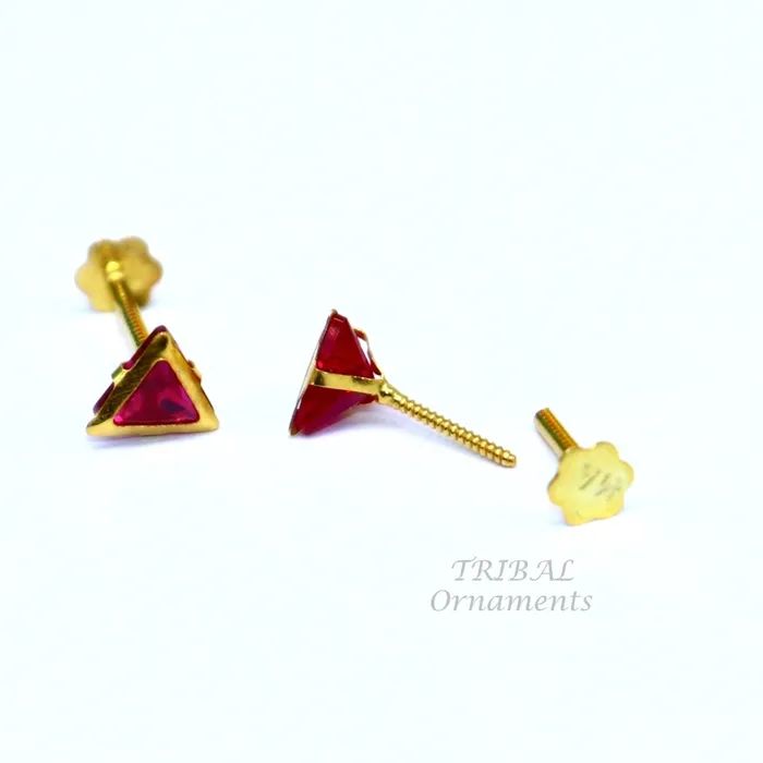 Earrings TRIBAL ORNAMENTS 4mm 18kt yellow gold handmade single red stone Triangle shape stud earring cartilage earring customized unisex screw back jewelry er152