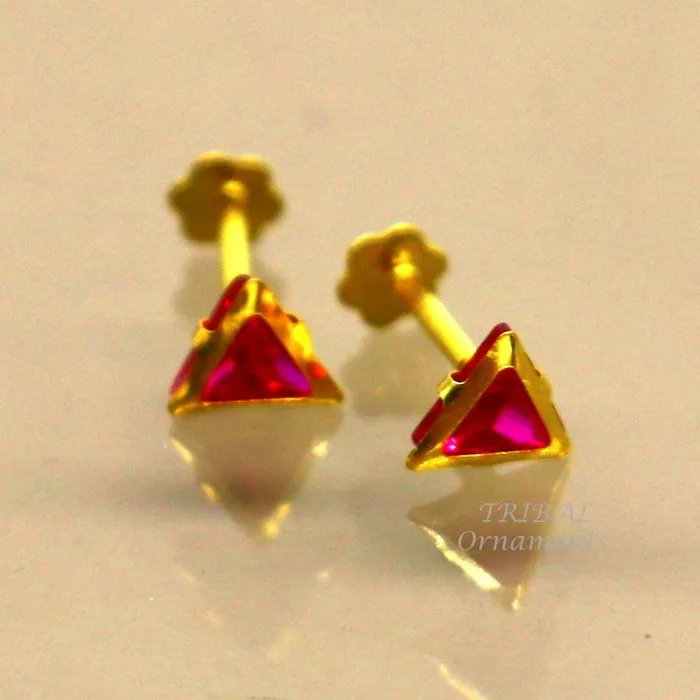 Earrings TRIBAL ORNAMENTS 4mm 18kt yellow gold handmade single red stone Triangle shape stud earring cartilage earring customized unisex screw back jewelry er152