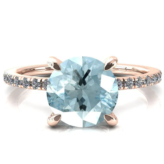Fire Brilliance Rings Ezili Round Aqua Blue Spinel 4 Claw Prong Micro Pave Diamond Sides Engagement Ring