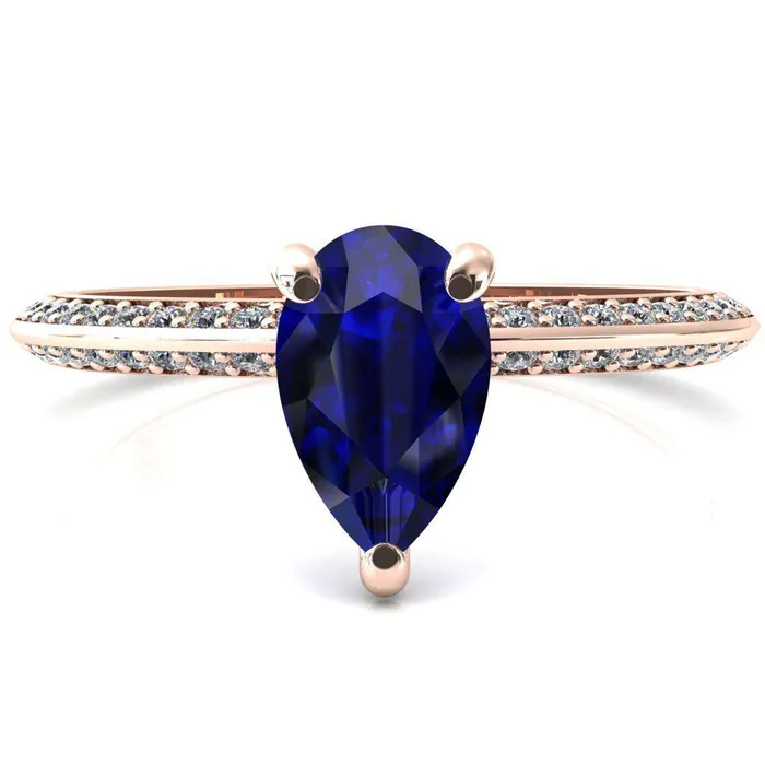 Fire Brilliance Rings Nancy Pear Blue Sapphire 3 Prong 12 Eternity Diamond Knife Shank Accent Engagement Ring