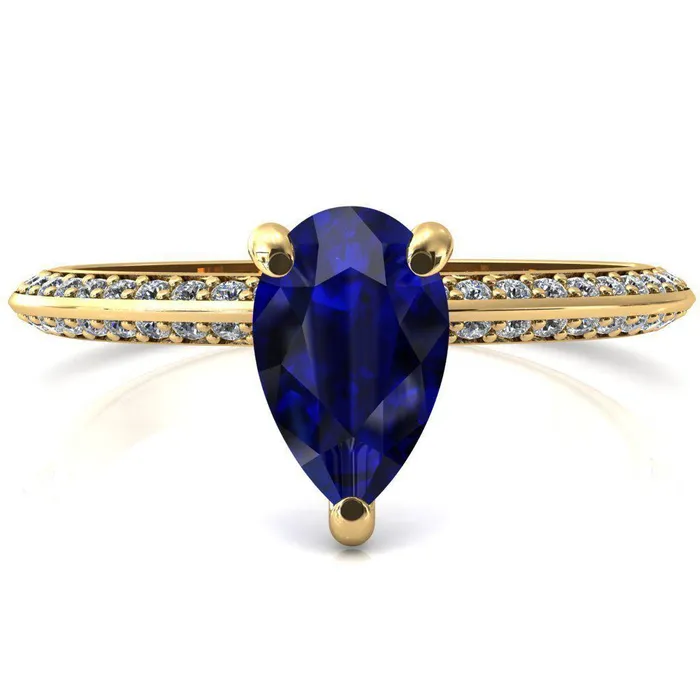 Fire Brilliance Rings Nancy Pear Blue Sapphire 3 Prong 12 Eternity Diamond Knife Shank Accent Engagement Ring