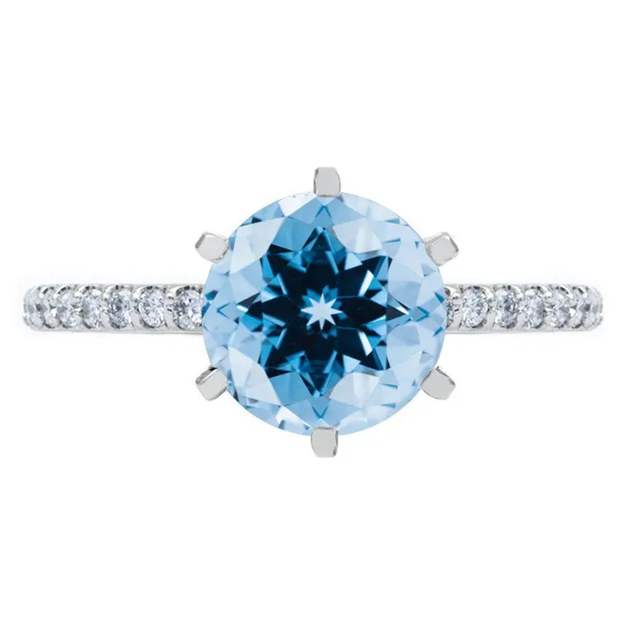 Fire Brilliance Rings Round Aqua Blue Spinel 6 Prongs Diamond Accent Ice Solitaire Ring
