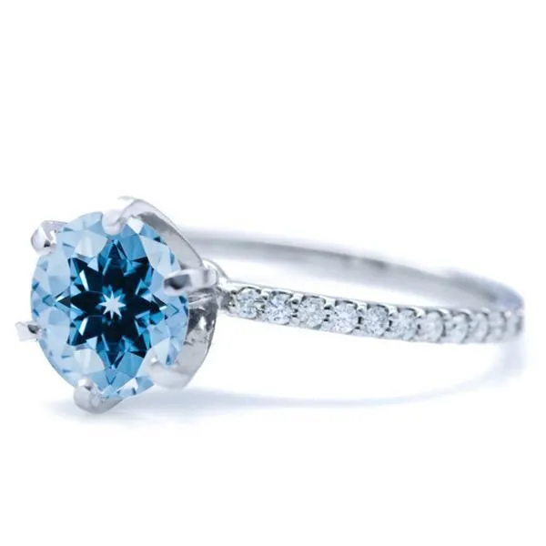 Fire Brilliance Rings Round Aqua Blue Spinel 6 Prongs Diamond Accent Ice Solitaire Ring