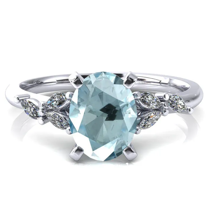 Fire Brilliance Rings Sigrid Oval Aqua Blue Spinel 4 Prong Marquise Diamond Side Ring Fire Brilliance Rings Sigrid Oval Aqua Blue Spinel 4 Prong Marquise Diamond Side Ring