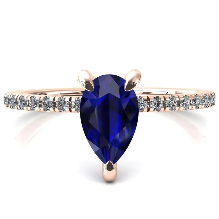 Mayeli Pear Blue Sapphire 3 Claw Prong Micro Pave Diamond Sides Engagement Ring Fire Brilliance Rings