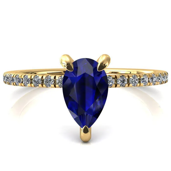 Mayeli Pear Blue Sapphire 3 Claw Prong Micro Pave Diamond Sides Engagement Ring Fire Brilliance Rings