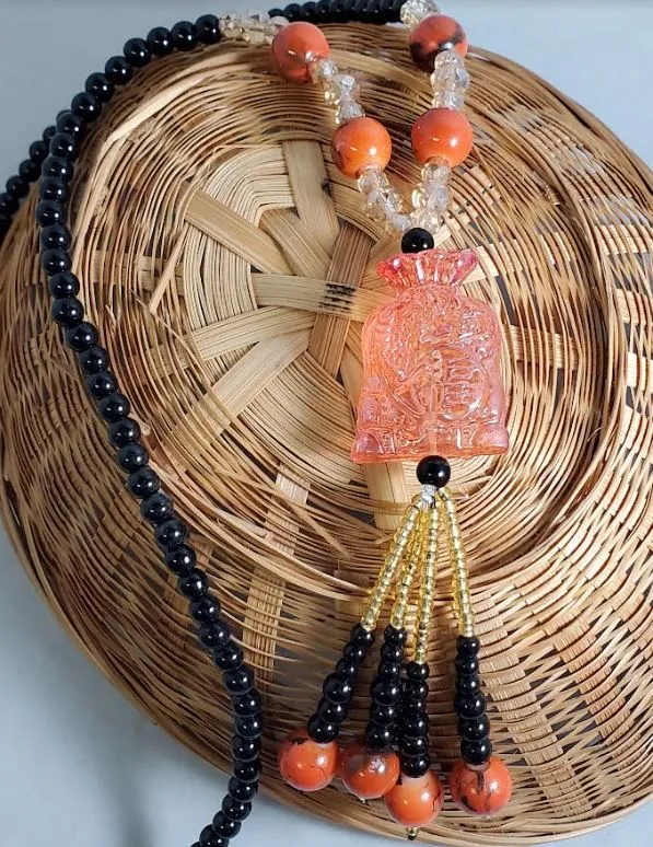 Necklaces AZ483 Glass Light Peach Money Bag Long Bead Necklace With Free Earrings polly Necklaces AZ483 Glass Light Peach Money Bag Long Bead Necklace With Free Earrings polly