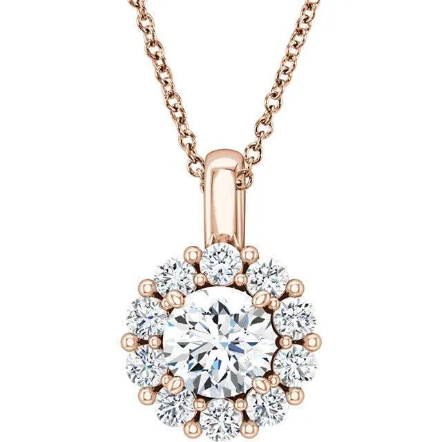 Necklaces Fire Brilliance Round Moissanite 4 Prong Diamond Halo Pendant and Necklace Necklaces Fire Brilliance Round Moissanite 4 Prong Diamond Halo Pendant and Necklace