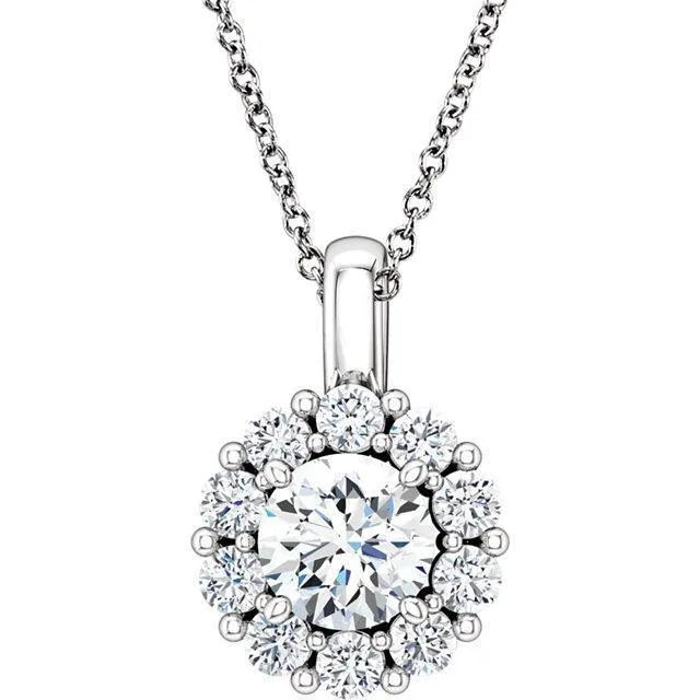 Necklaces Fire Brilliance Round Moissanite 4 Prong Diamond Halo Pendant and Necklace