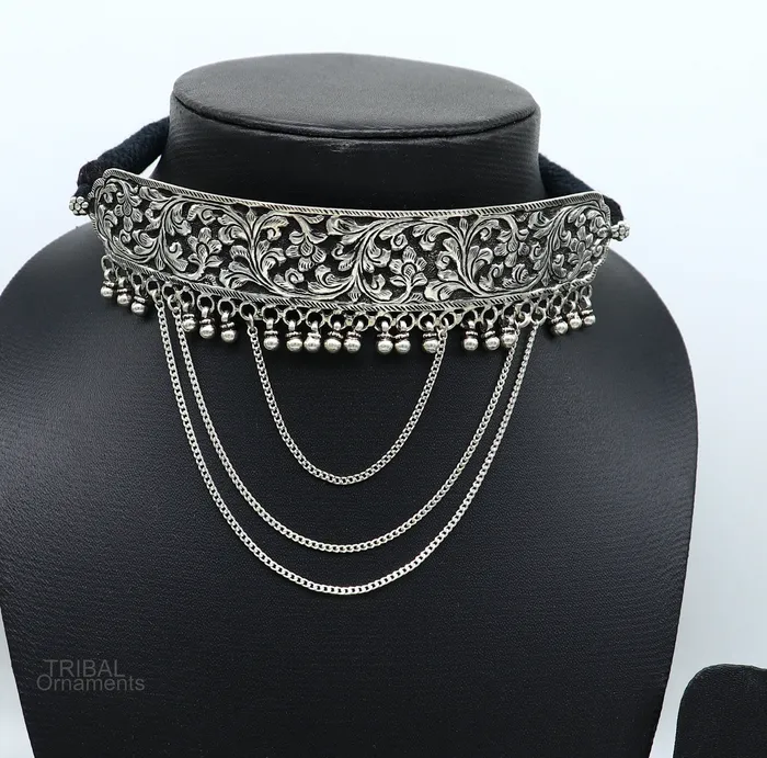 Necklaces TRIBAL ORNAMENTS 925 sterling silver customized chitaikandrai work charm necklace fit neck choker tribal ethnic wedding belly dance jewelry set273