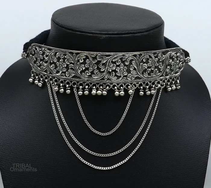 Necklaces TRIBAL ORNAMENTS 925 sterling silver customized chitaikandrai work charm necklace fit neck choker tribal ethnic wedding belly dance jewelry set273