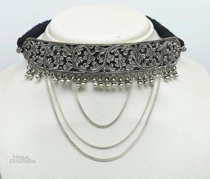 Necklaces TRIBAL ORNAMENTS 925 sterling silver customized chitaikandrai work charm necklace fit neck choker tribal ethnic wedding belly dance jewelry set273