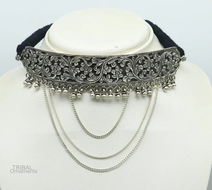 Necklaces TRIBAL ORNAMENTS 925 sterling silver customized chitaikandrai work charm necklace fit neck choker tribal ethnic wedding belly dance jewelry set273