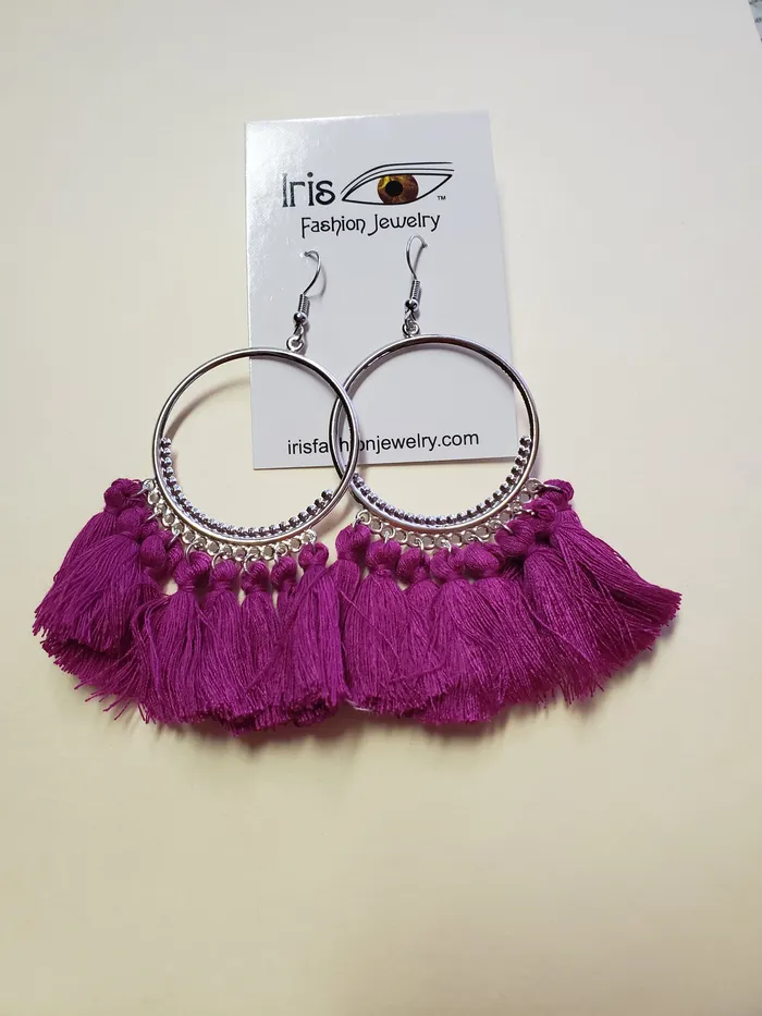 polly Earrings E271 Silver Hoop Plum Multi Tassel Earrings
