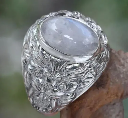 POLLY Rings R81 Silver Moonstone Lion Vintage Style Ring