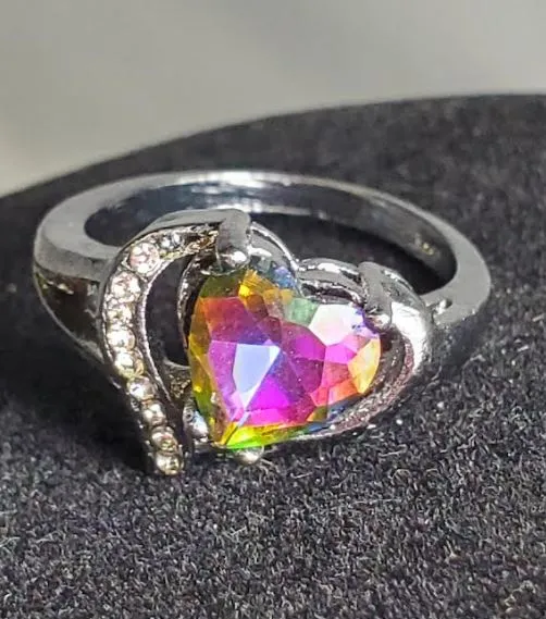 Rings 01 R470 Gun Metal Multi Color Heart Rhinestone Ring