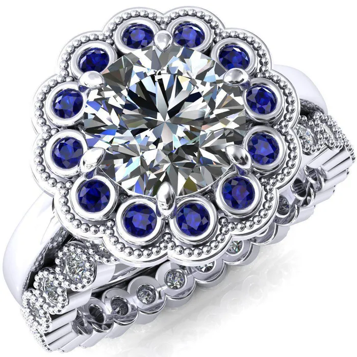 Rings Fire Brilliance Zinnia Round Center Stone 6 Prongs Milgrain Halo Accent Blue Sapphire Ring Rings Fire Brilliance Zinnia Round Center Stone 6 Prongs Milgrain Halo Accent Blue Sapphire Ring