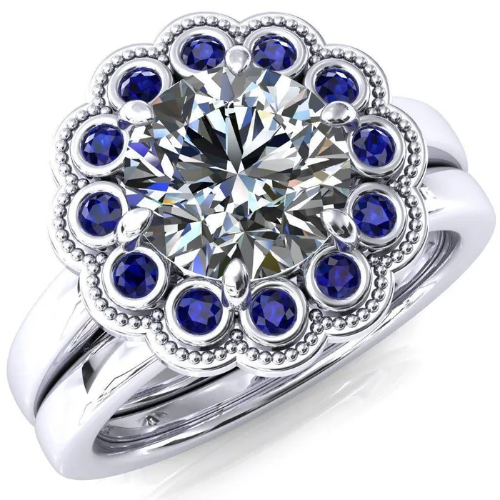 Rings Fire Brilliance Zinnia Round Center Stone 6 Prongs Milgrain Halo Accent Blue Sapphire Ring