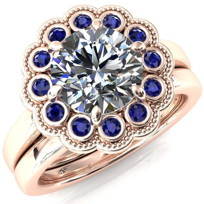 Rings Fire Brilliance Zinnia Round Center Stone 6 Prongs Milgrain Halo Accent Blue Sapphire Ring