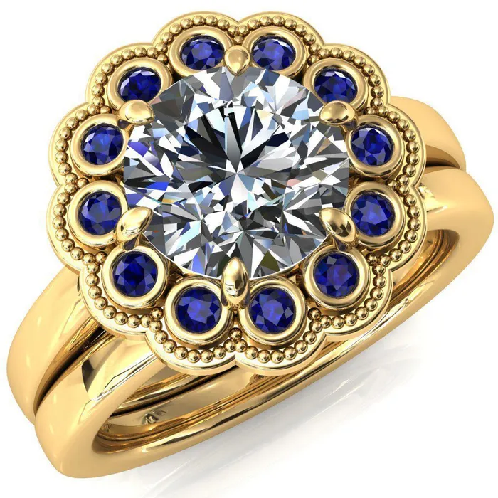 Rings Fire Brilliance Zinnia Round Center Stone 6 Prongs Milgrain Halo Accent Blue Sapphire Ring