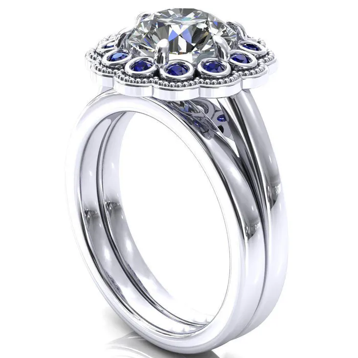 Rings Fire Brilliance Zinnia Round Center Stone 6 Prongs Milgrain Halo Accent Blue Sapphire Ring