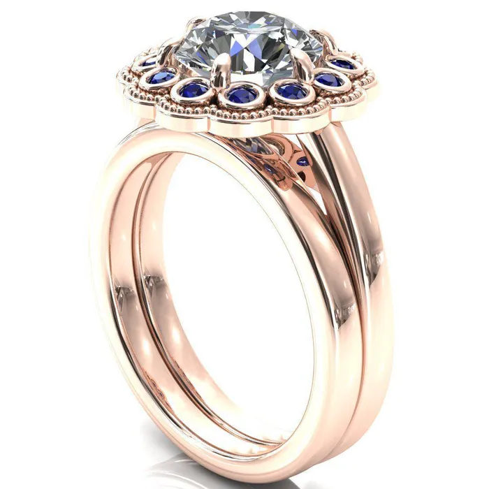 Rings Fire Brilliance Zinnia Round Center Stone 6 Prongs Milgrain Halo Accent Blue Sapphire Ring
