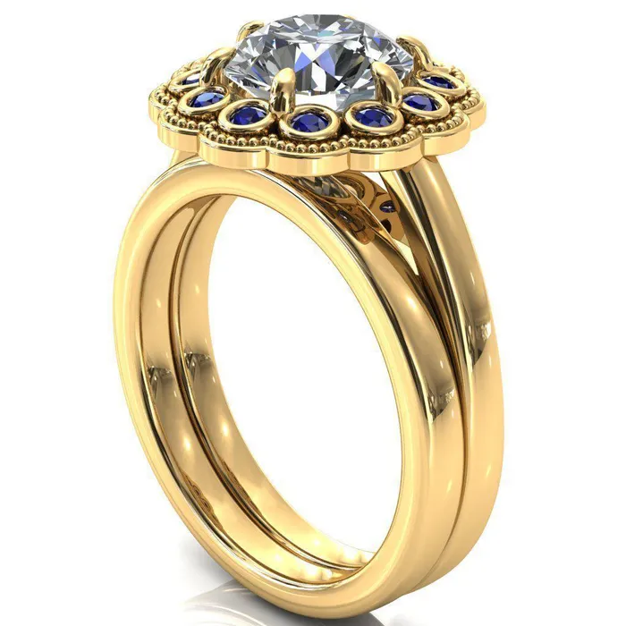Rings Fire Brilliance Zinnia Round Center Stone 6 Prongs Milgrain Halo Accent Blue Sapphire Ring